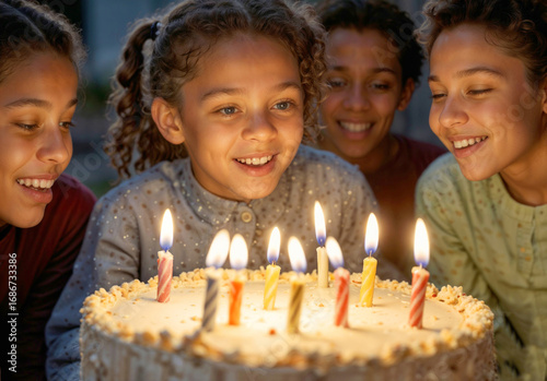 A group of children are gathered around a birthday cake with lit candles. They are all smiling and seem to be enjoying the moment