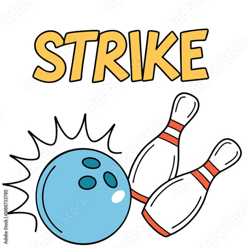 Cartoon bowling strike with ball hitting pins isolated on white background for a fun and playful design