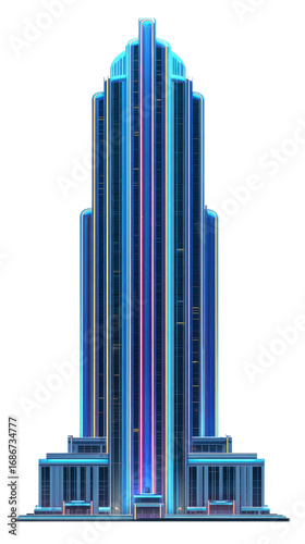 Dazzling Art Deco inspired skyscraper illuminated with vibrant neon lights.