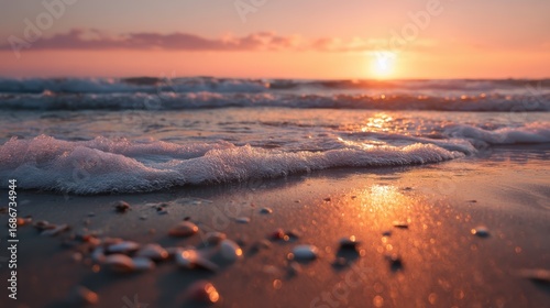 Peaceful beach sunset with golden ocean waves, pink orange sky reflection on water, seashells on sand for travel poster, luxury resort promo, relaxation therapy

