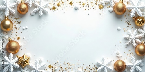 Symmetrical silver snow frame, gold glitter splatter Festive holiday design , decoration, ice