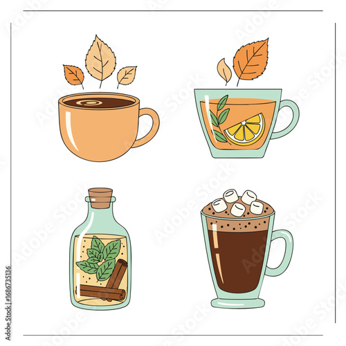 Flat Vector Icon Pack of Cozy Healthy Fall Drinks – Coffee, Herbal Tea, Infused Water, Hot Chocolate Illustration