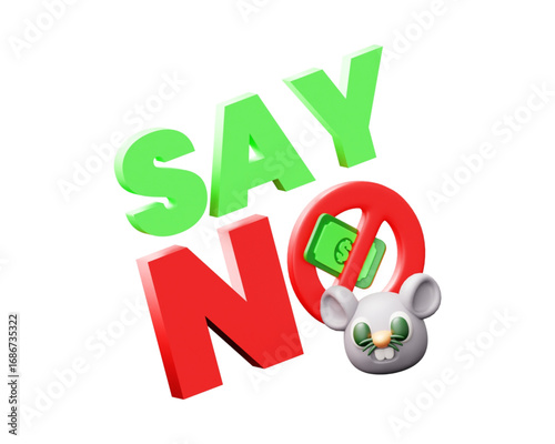 A conceptual 3D illustration representing the rejection of bribery and financial corruption, featuring a symbolic rat and a prohibited money icon