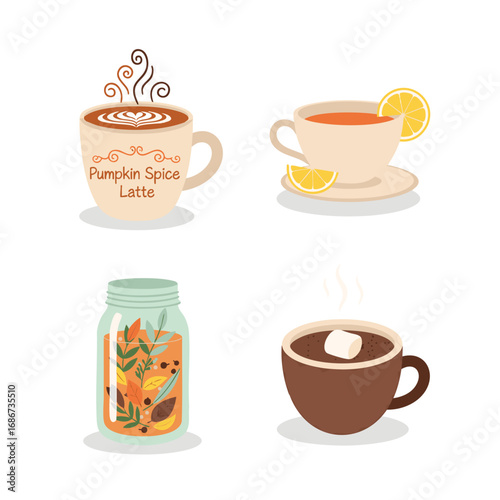 Minimalist Vector Icons of Autumn Beverages – Pumpkin Spice Latte, Herbal Infusion, Lemon Tea, Hot Cocoa with Marshmallow