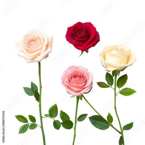 Four diverse roses cream pink and red blooms with green stems and leaves flower floral transparent background