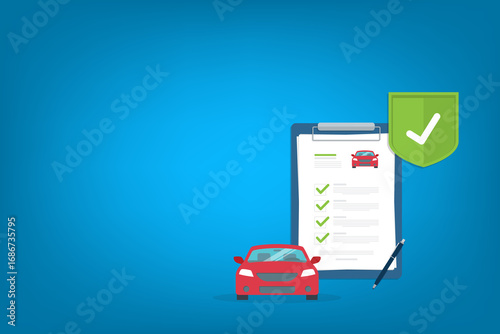 Car insurance document, report. Paper agreement checklist or loan checkmarks form list approved with automobile icon, vehicle financial, car dealership legal deal.