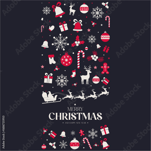 Merry christmas and happy new year vertical banner with holiday icons and santa's sleigh.