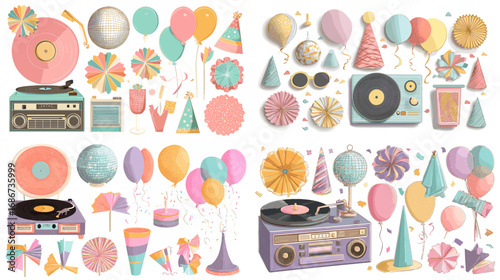 Retro party illustration set with vinyl records, balloons, hats, drinks, and decorations in pastel colors, perfect for celebration, posters, and vintage event design.