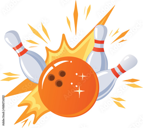 Bowling ball hitting pins with an orange starburst isolated on white background vector illustration