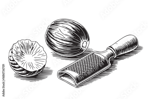 Vintage line art of nutmeg with grater. Detailed hand-drawn spice sketch in engraving style