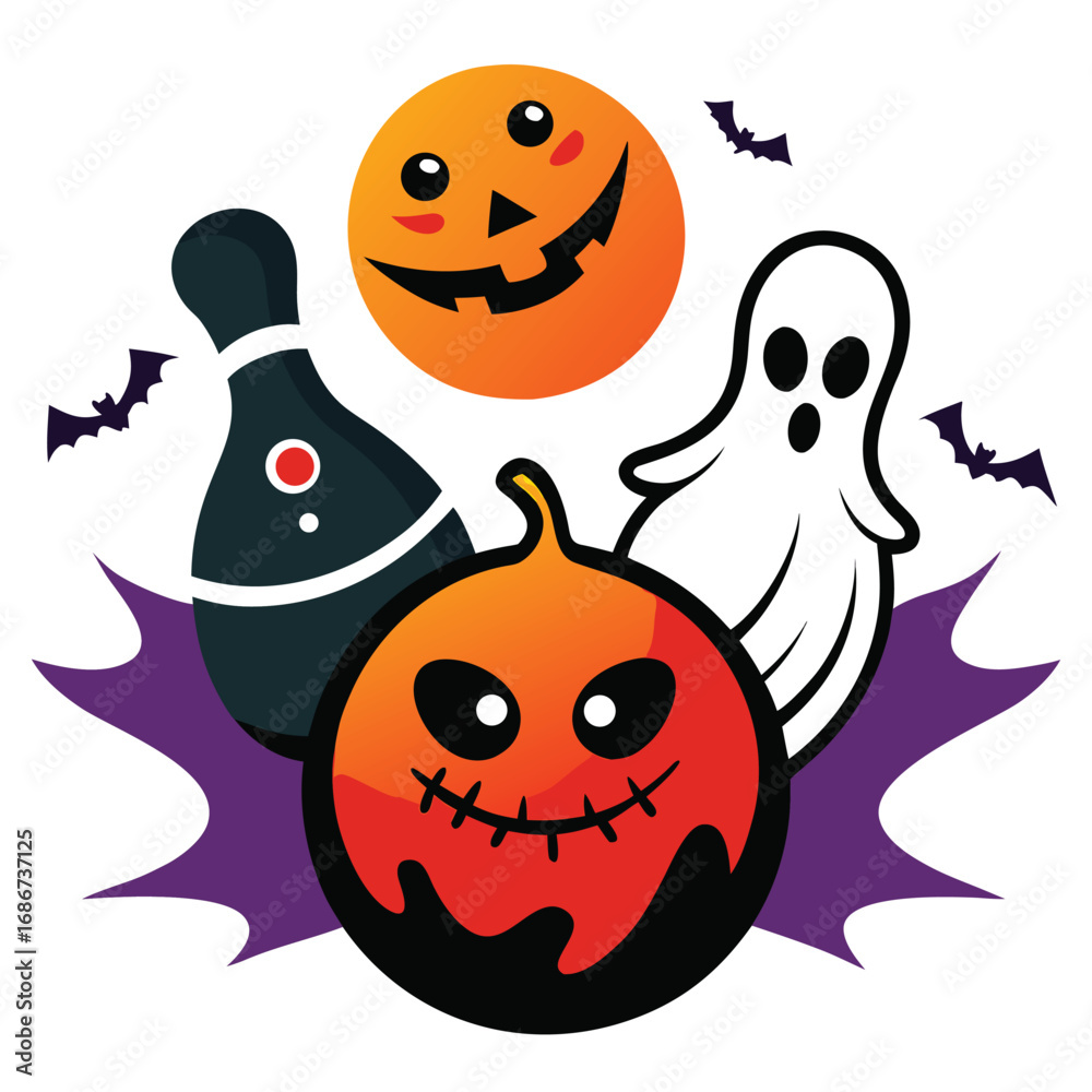 Fototapeta premium Halloween bowling with pumpkin and ghost isolated on white background holiday vector illustration