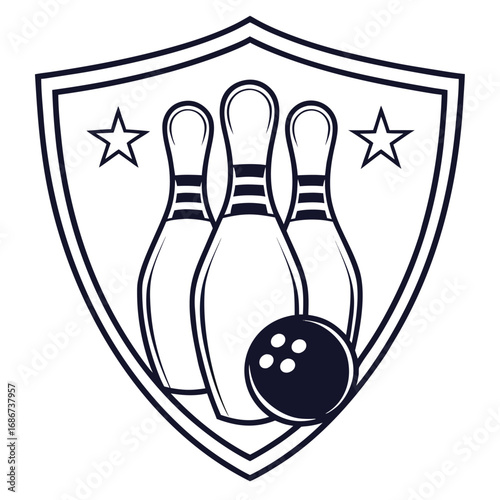 Bowling pins and ball in a shield with stars isolated on white background for sport and recreation