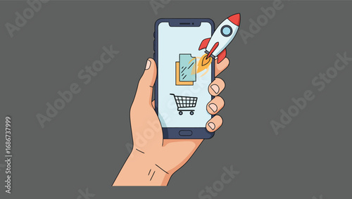 Flat line illustration depicting a successful online shopping application launch, with a hand holding a smartphone, a shopping cart, and a rocket symbolizing fast growth