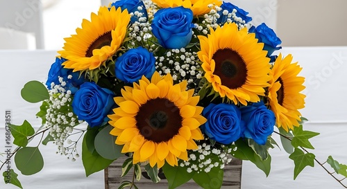 Sunflowers with Blue Roses, and Wooden Box.
