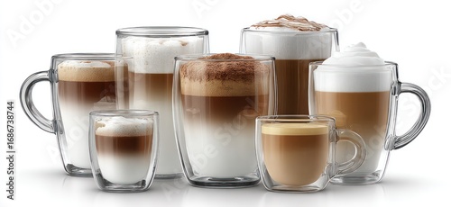 An assortment of various coffee drinks in clear glasses, showcasing different levels of milk and foam, set against a white background with soft reflections
