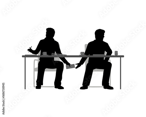 A silhouette vector illustration of two businessmen engaging in a corrupt transaction, passing cash under the table in a secret illegal deal