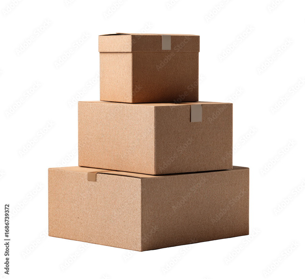 Obraz premium Three stacked cardboard boxes, light beige color, showing the top and side views of each box, various sizes, with a simple design