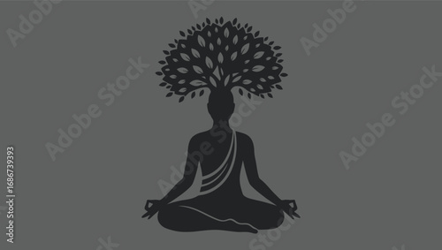 Symbolic illustration of mindfulness and natural harmony, featuring a meditating figure with a magnificent tree as their crown, signifying enlightenment and spiritual growth