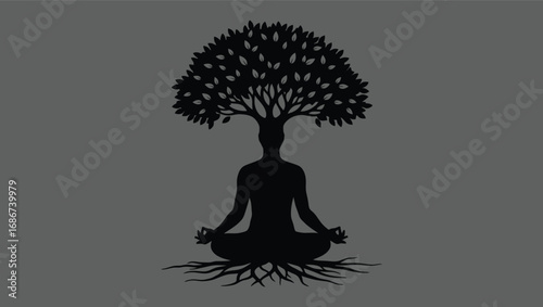 Conceptual illustration of a person meditating in a lotus pose, merging with a tree to symbolize spiritual growth, mindfulness, and deep connection with nature