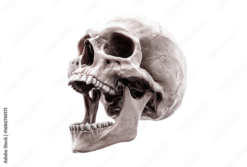 Fototapeta premium A stark, realistic 3D rendering shows a human skull with an open jaw against a clean white background. The skull is off-white with anatomical detail visible