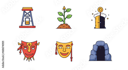 Flat lay of six colorful icons depicting a well, a seedling, a key, a devil mask, a comedy mask, and a cave entrance against a clean white background.