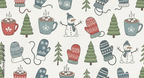Winter Seamless Pattern. Cute pattern with snowmen, mittens, hot cocoa, and trees