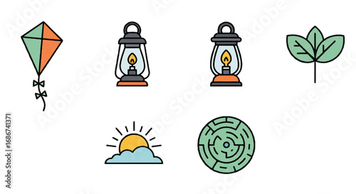 A colorful flat lay of six simple icons including a kite, lanterns, a plant, sun rising, and a maze on a clean white background with a minimalist and educational feel.