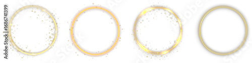 Golden sparkle ring. Vector shining circle frame with glitter dust, glowing halo aura and bright light particles. Luxury gold glowing border isolated on transparent background for design use.