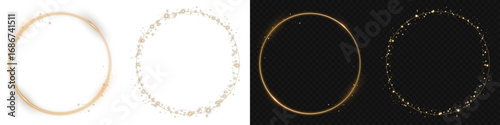 Gold glowing ring PNG. Shiny circular golden frame with sparkles, dust particles and halo light. Magic aura golden circle clipart isolated on transparent background for luxury design and decoration.