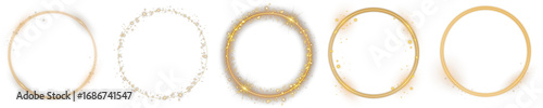 Golden sparkle ring. Vector shining circle frame with glitter dust, glowing halo aura and bright light particles. Luxury gold glowing border isolated on transparent background for design use.