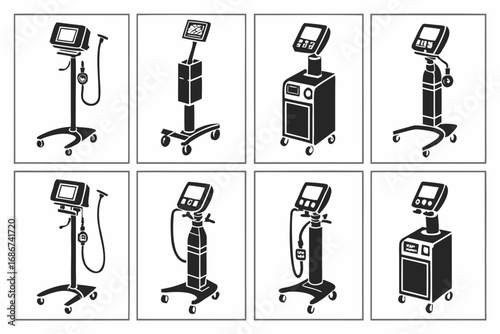 Eight monochrome medical ventilator icons on stands with wheels medical equipment healthcare