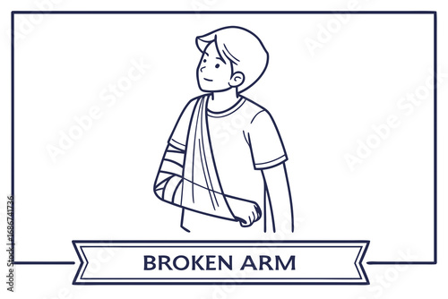 Young person with a broken arm in a sling illustration with text arm sling injury