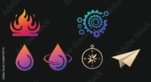 Flat lay of five gradient-colored icons on a black background with a paper airplane and symbols for fire, water, earth, and wind.