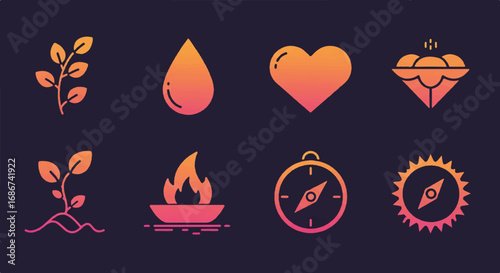 Flat lay of various colorful icons including a plant, water drop, heart, lips, flame, compass, and gear on a dark background with a vibrant and symbolic mood.