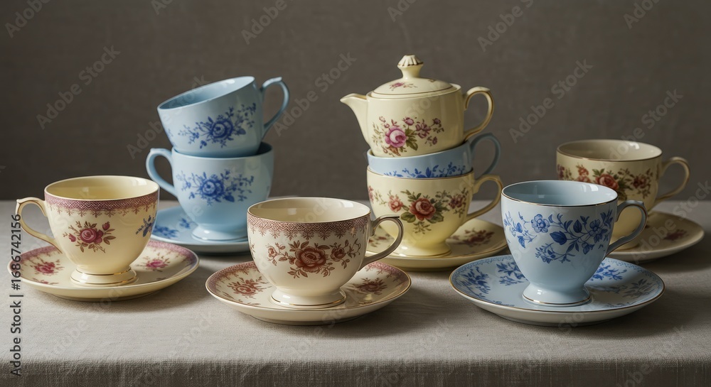 Fototapeta premium Vintage tea cups and saucers stacked on a table with floral patterns