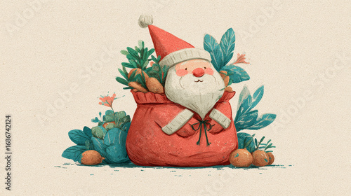ilustration of a Santa Claus with presents  in children book style