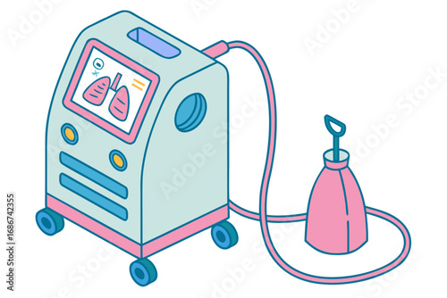 Stylized 3d render of a medical ventilator machine with lungs display and breathing bag breathing machine