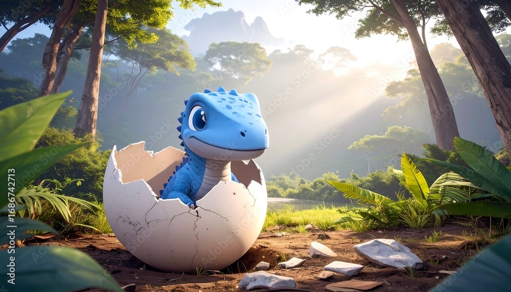 Fototapeta premium Baby dinosaur hatching in egg, jungle setting