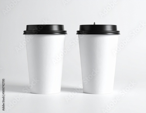 Two Blank White Paper Coffee Cups with Black Lids on a White Background