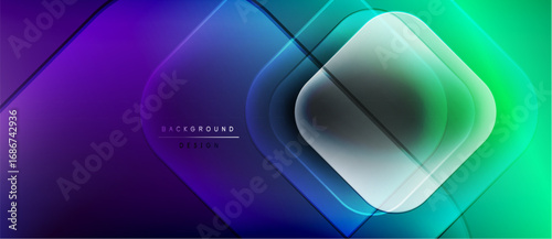 Abstract gradient background. Geometric shapes overlap creating luminous effect. Modern design with vibrant colors, blue, purple, green hues.