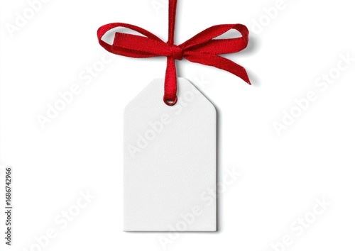 A blank white tag hangs from a red ribbon tied in a bow, casting a subtle shadow against a clean white background