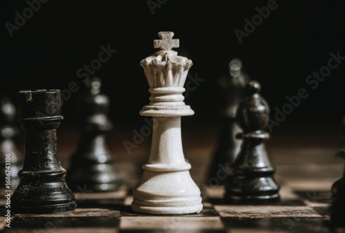 Close-up on a chess board with a white king in focus, surrounded by black pieces, against a dark backdrop. Wooden board details are visible