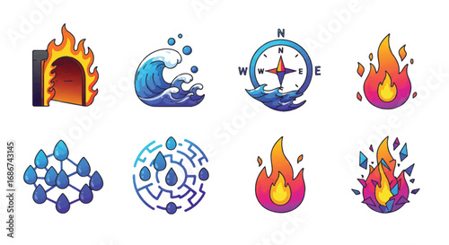 Flat lay of eight colorful icons representing fire, water, and navigation on a plain white background.