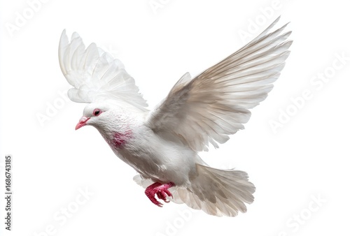 A white dove soars on a white background, wings spread wide in flight. The bird's delicate feathers glisten in the light