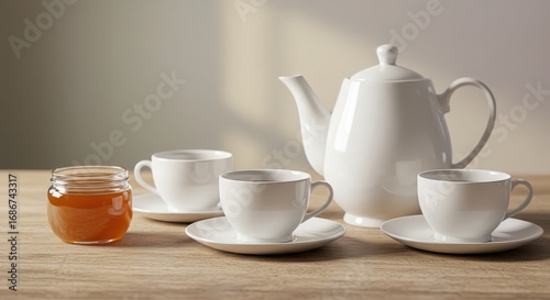 Wallpaper Mural Elegant White Tea Set with Teapot and Cups on Wooden Surface Torontodigital.ca