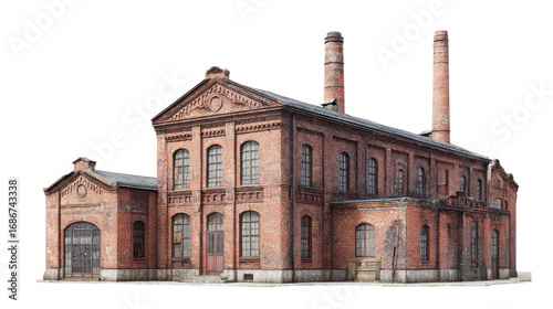 Grand industrial brick factory building with two tall chimneys and arched windows