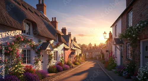 Sunset over charming English village.