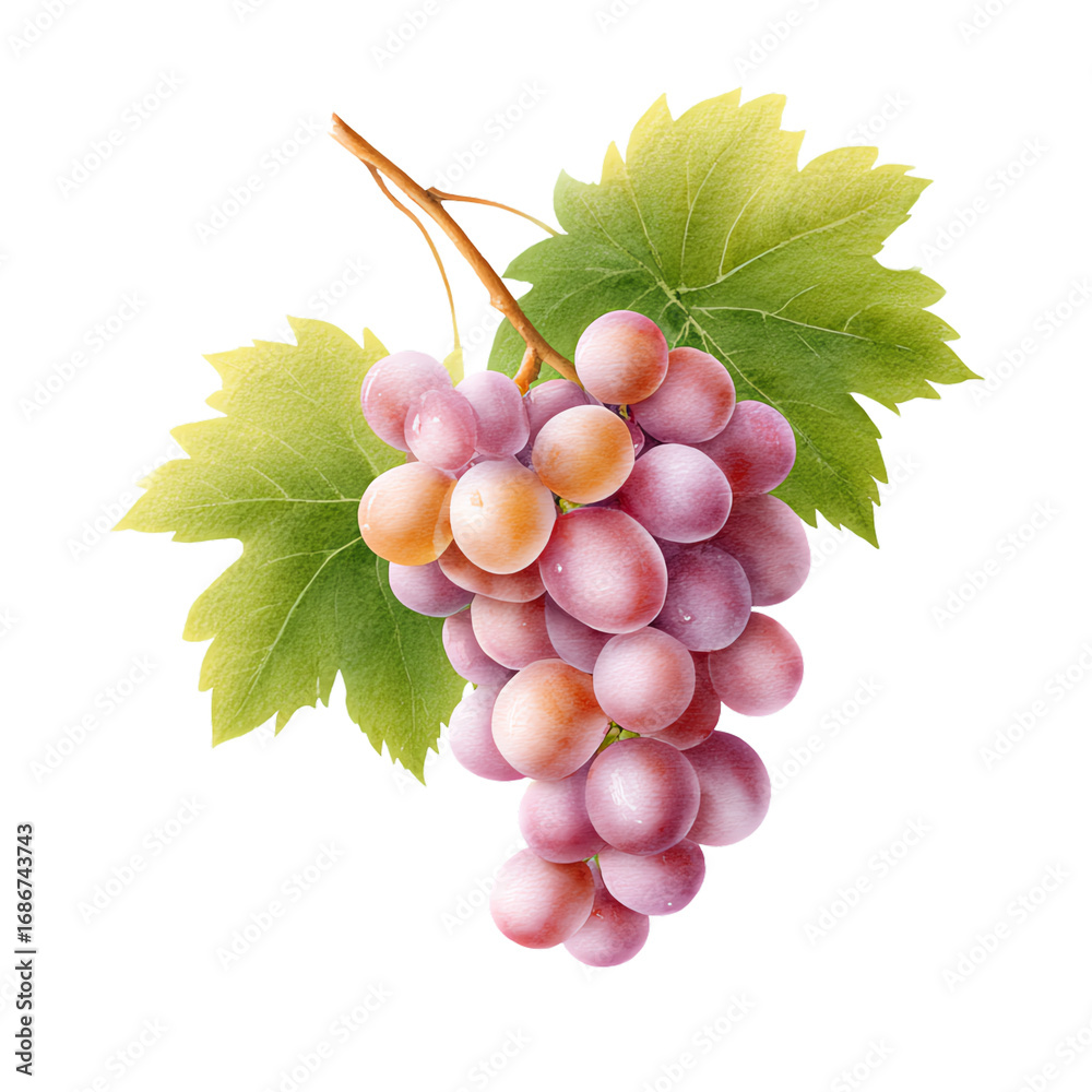 Fototapeta premium Vibrant Grape Cluster: A watercolor-style depiction of a succulent bunch of ripe grapes with green leaves on a twig, exuding freshness and the essence of a fruitful harvest.