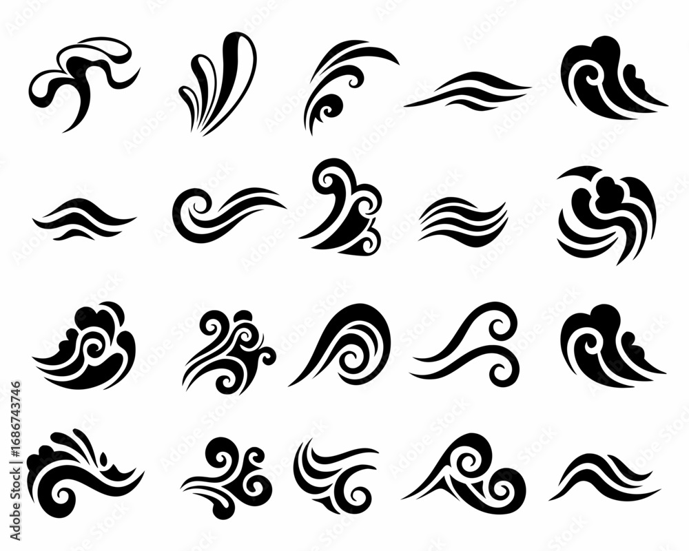 Fototapeta premium Collection of black and white swirling wave and water element icons