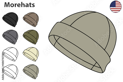 Collection of cuffed knit beanies in black brown gray olive cream and beige with outline versions and an American flag emblem